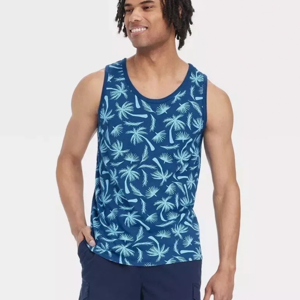 Goodfellow & Co. Blue Palm Tree Tropical Men's Tank Top (XXL)